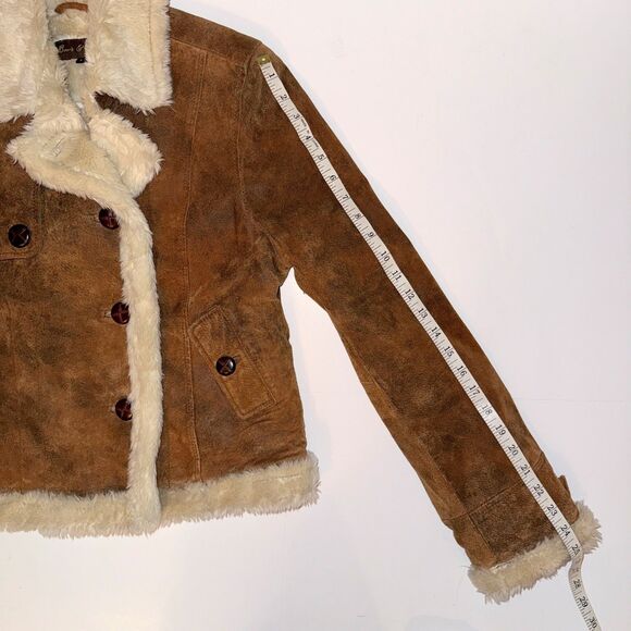 Baxis & Baxis Suede Leather Jacket Faux Fur Lined Trim Jacket Penny Lane Y2K L - Picture 9 of 13